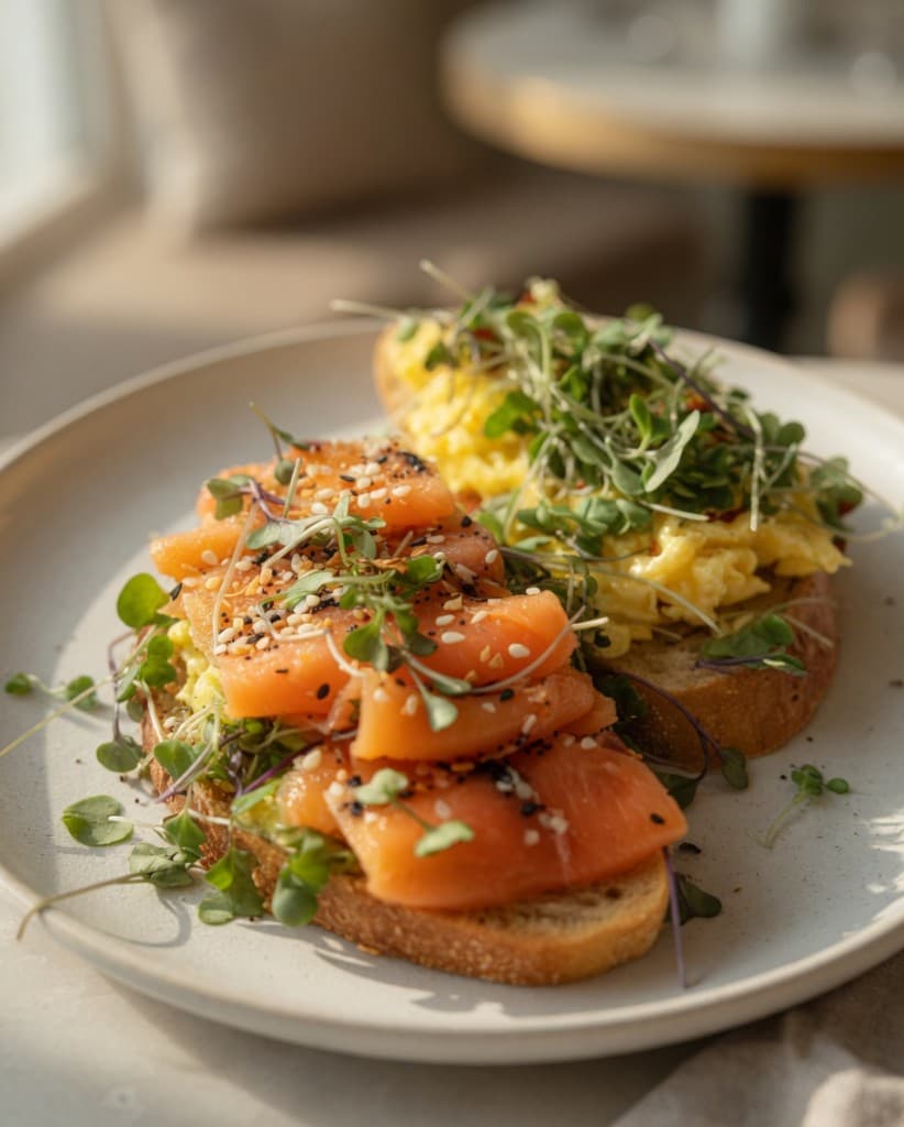 Artisan toast topped with smoked salmon, scrambled eggs, and fresh Garnish microgreens